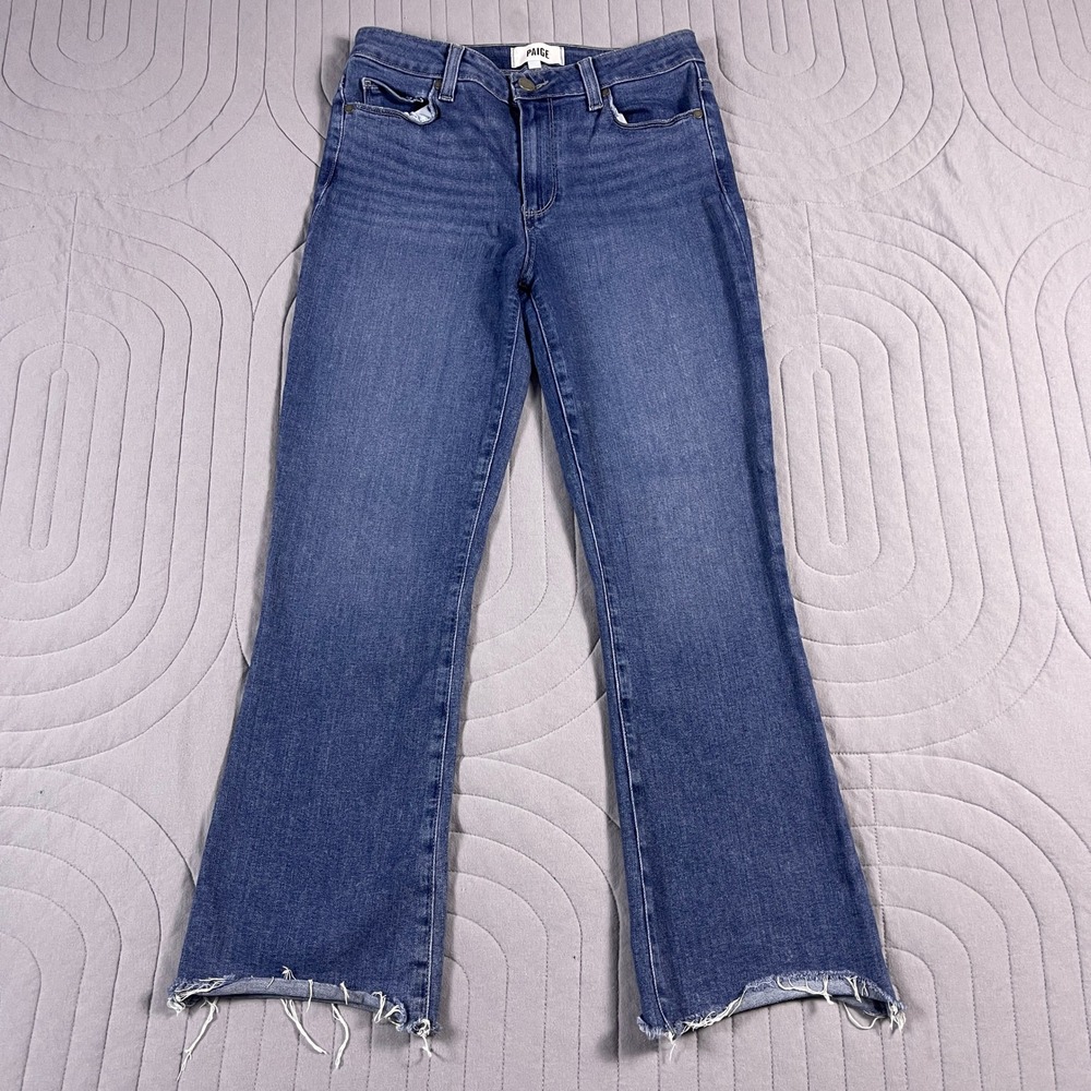 PAIGE Rory Crop Flare Jeans Womens 27 Blue High Rise Raw Hem Stretch Denim